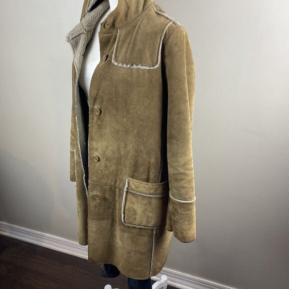 Vtg Gap Y2K Tan Suede Leather Patchwork Coat Womens Sz M Sherpa Lined Hooded - Picture 4 of 9